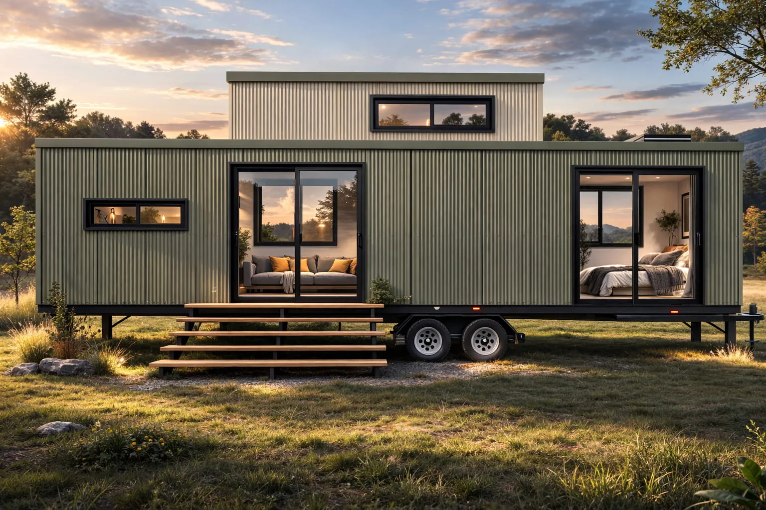 Sage & Brass 10m Tiny Home on Wheels — Ground Floor Bedroom + Loft