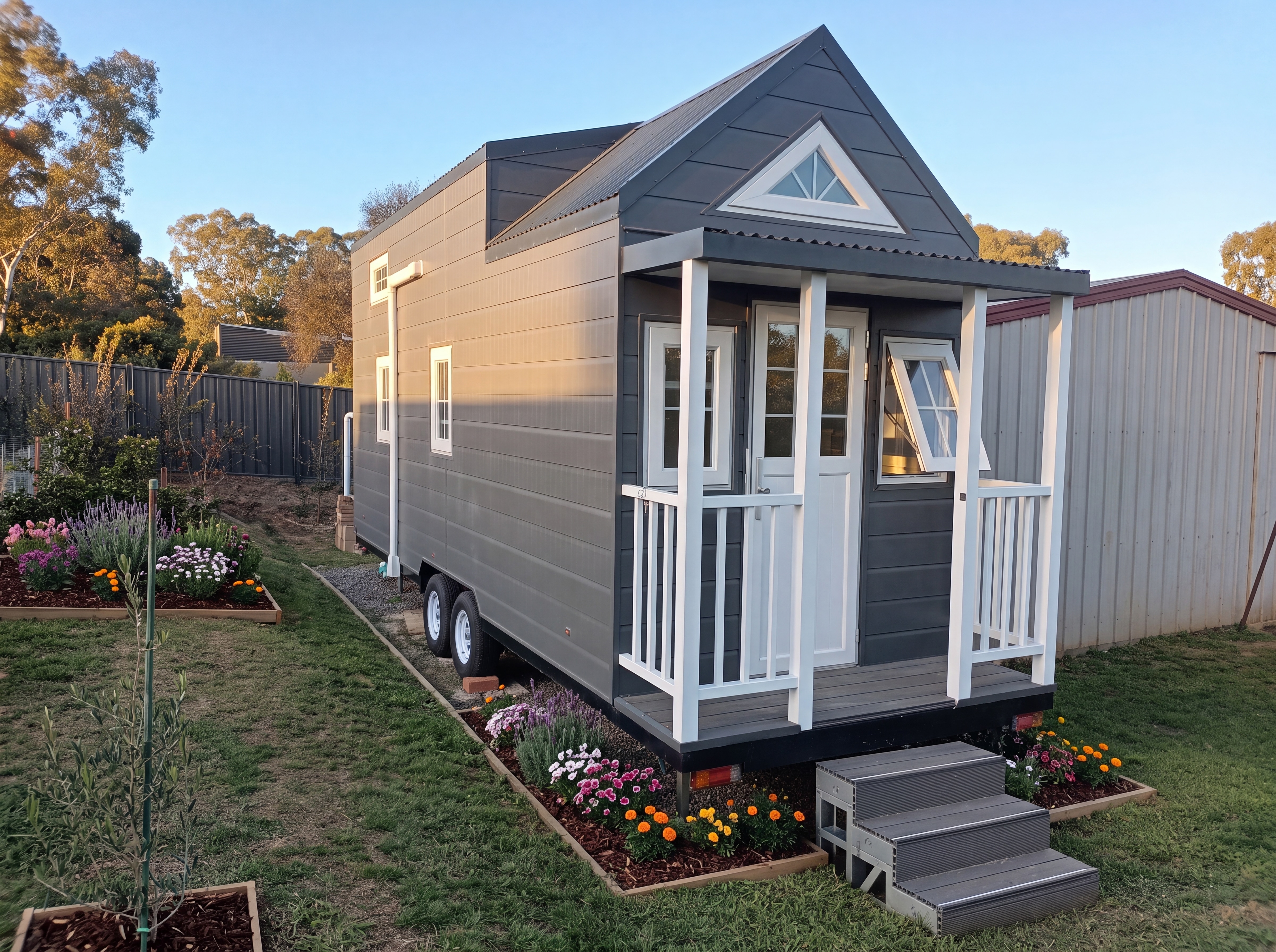 The Charcoal Cottage | 7.2m Dual Loft Tiny Home on Wheels with Covered Veranda