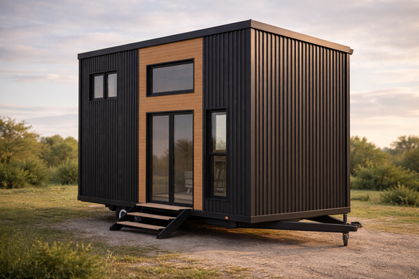 Ebony & Ply Petite: 7.2m Tiny Home on Wheels — Matte Black VJ, Staircase & Queen Loft