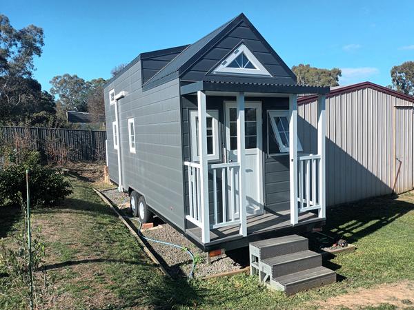 The Charcoal Cottage | 7.2m Dual Loft Tiny Home on Wheels with Covered Veranda