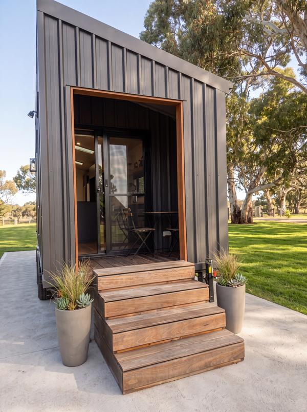 10m Single Level Tiny Home on Wheels | Dark Luxe Fit-Out | Optional Solar Trailer