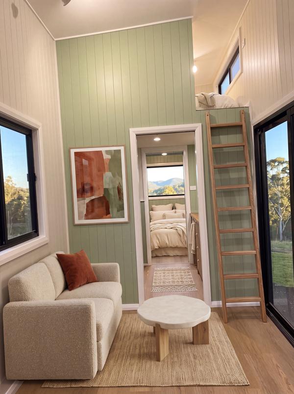 Sage & Brass 10m Tiny Home on Wheels — Ground Floor Bedroom + Loft