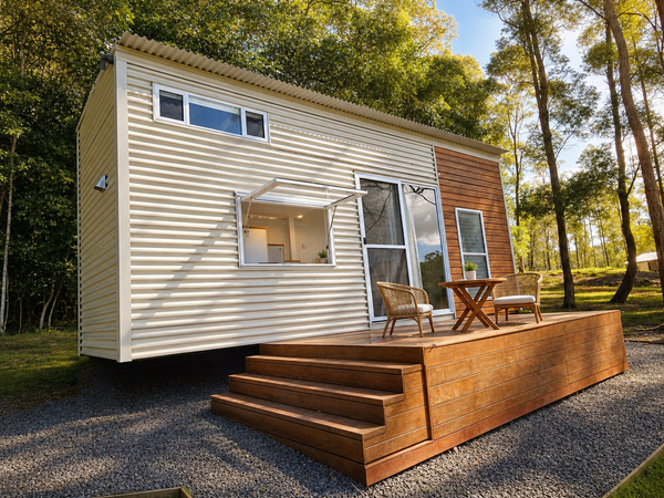 Evening Haze 8m Tiny Home on Wheels — Staircase Loft, Servery Window & Pull-Apart Deck
