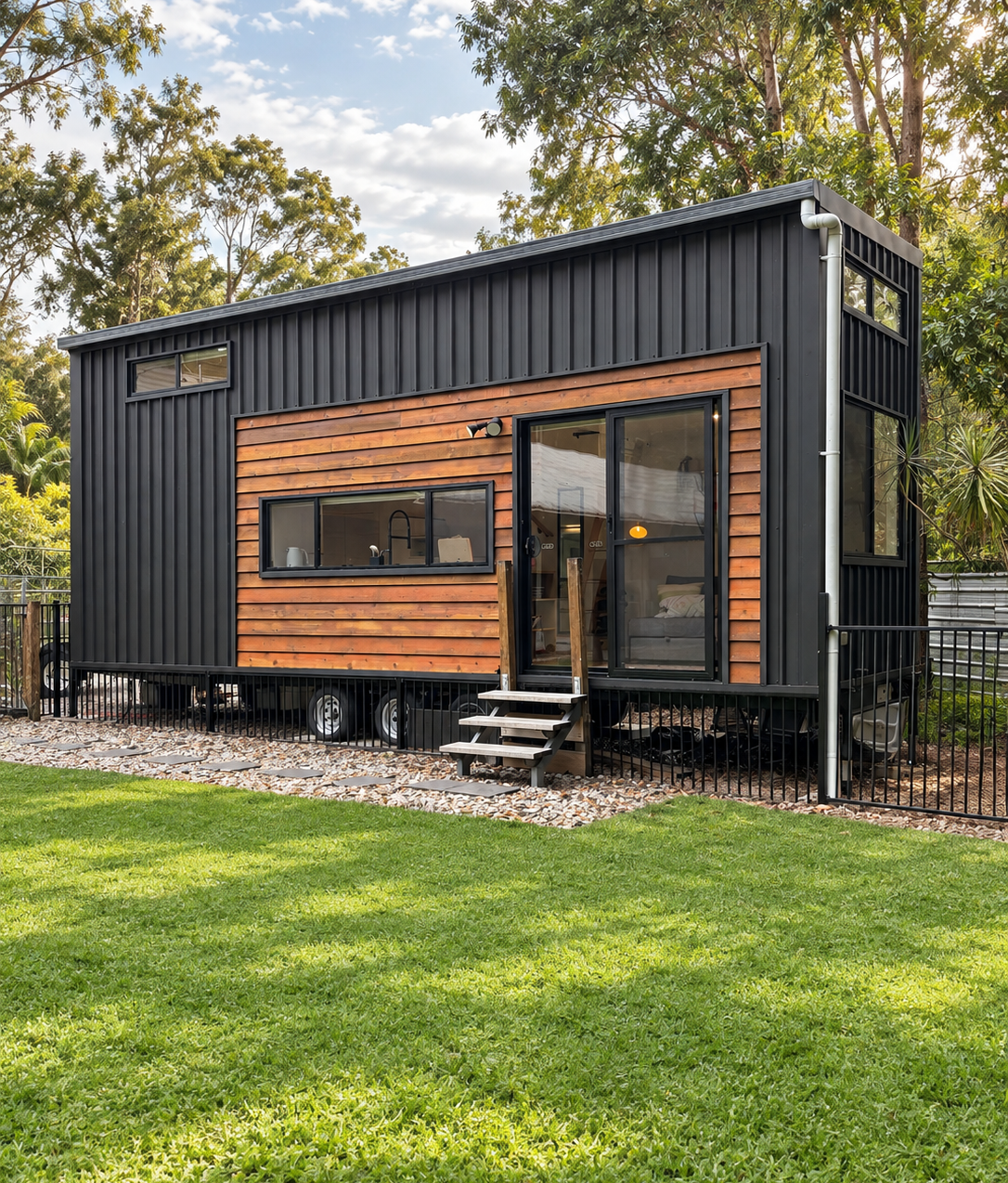 Shadowline & Cedar | 8.4m Dual Loft Tiny Home on Wheels — Storage Staircase, King Loft & Composting Toilet - Image 1