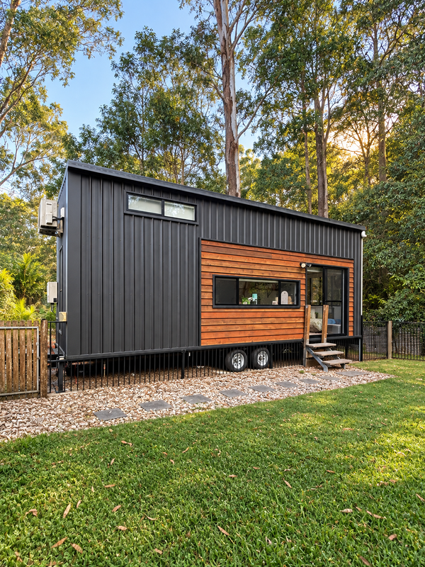 Shadowline & Cedar | 8.4m Dual Loft Tiny Home on Wheels — Storage Staircase, King Loft & Composting Toilet