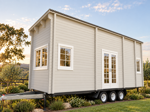 The Nordic Cottage: Solid Timber 8m Tiny Home on Wheels, French Doors & Double Glazed Euro Windows