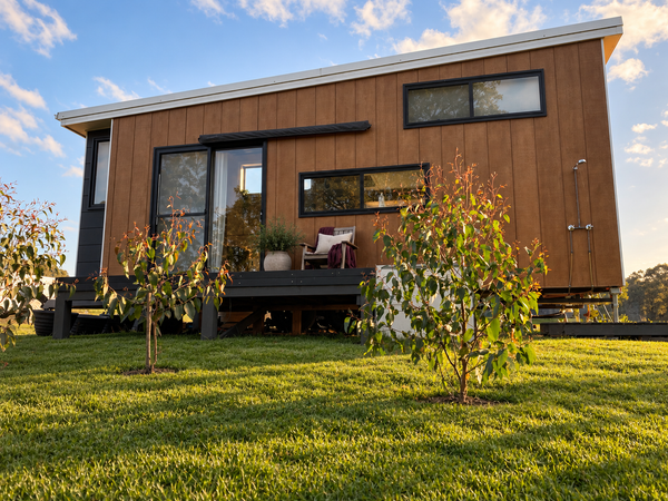 The Hideaway: 8m Ply & Charcoal Tiny Home on Wheels, Skylight Nook, Soaking Tub & Outdoor Bath