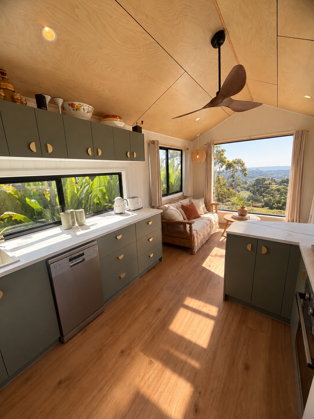 Bright tiny home kitchen and living room with a view over the hills
