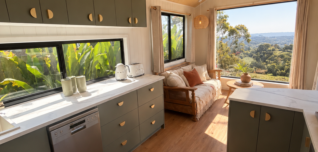 Bright tiny home kitchen and living room with a view over the hills