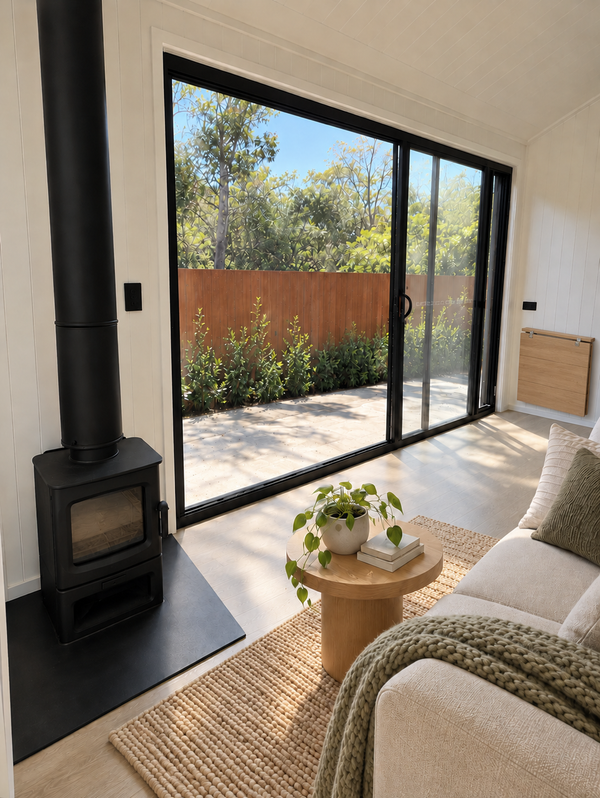 Fireside: Single-Level 8.4m Tiny Home on Wheels, Charnwood Wood Fireplace & Air Con