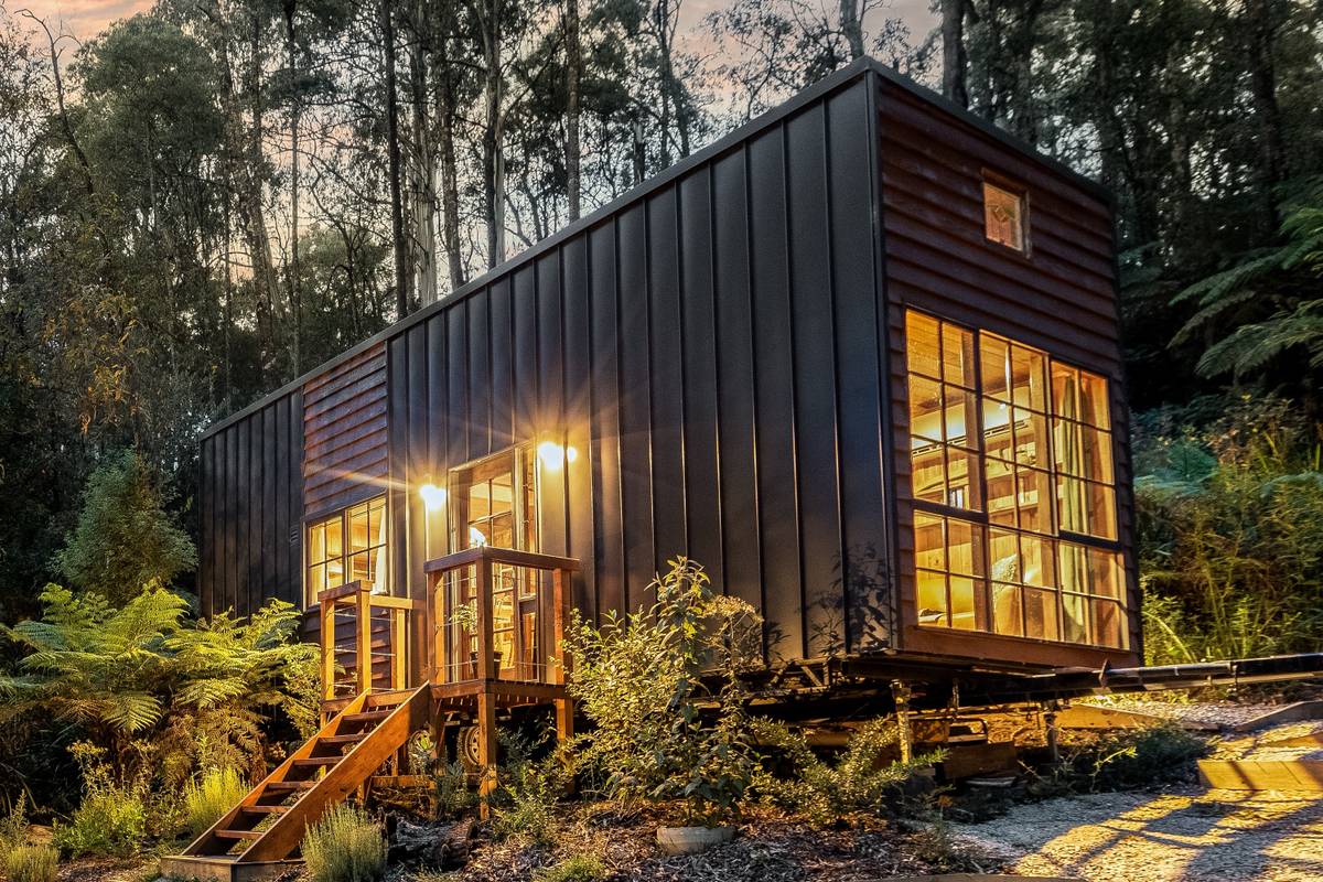 Leadlight & Pine: Fully Furnished 3m Wide Dual Loft Tiny Home on a 10-Tonne Trailer, Skylights & Brass Details - Image 1