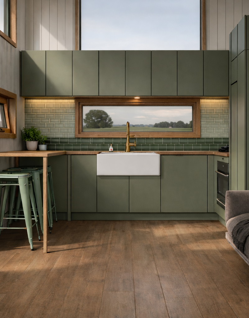 Open-plan tiny home living and kitchen area with modern finishes