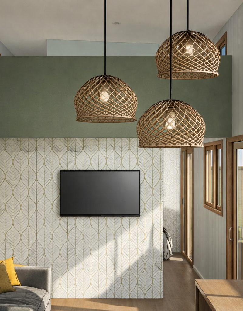 Contemporary tiny home living space with warm styling and natural light