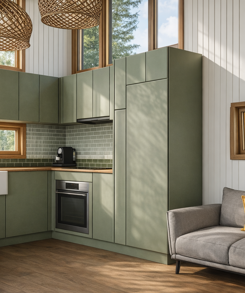 Tiny home kitchen and living layout showcasing functional design