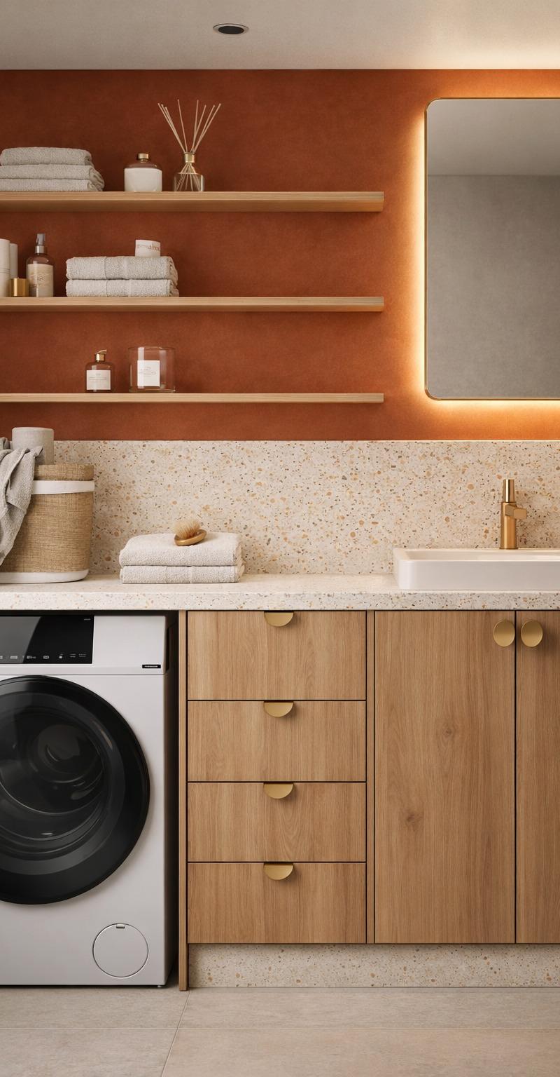 Alternative tiny home bathroom design with warm terracotta tones