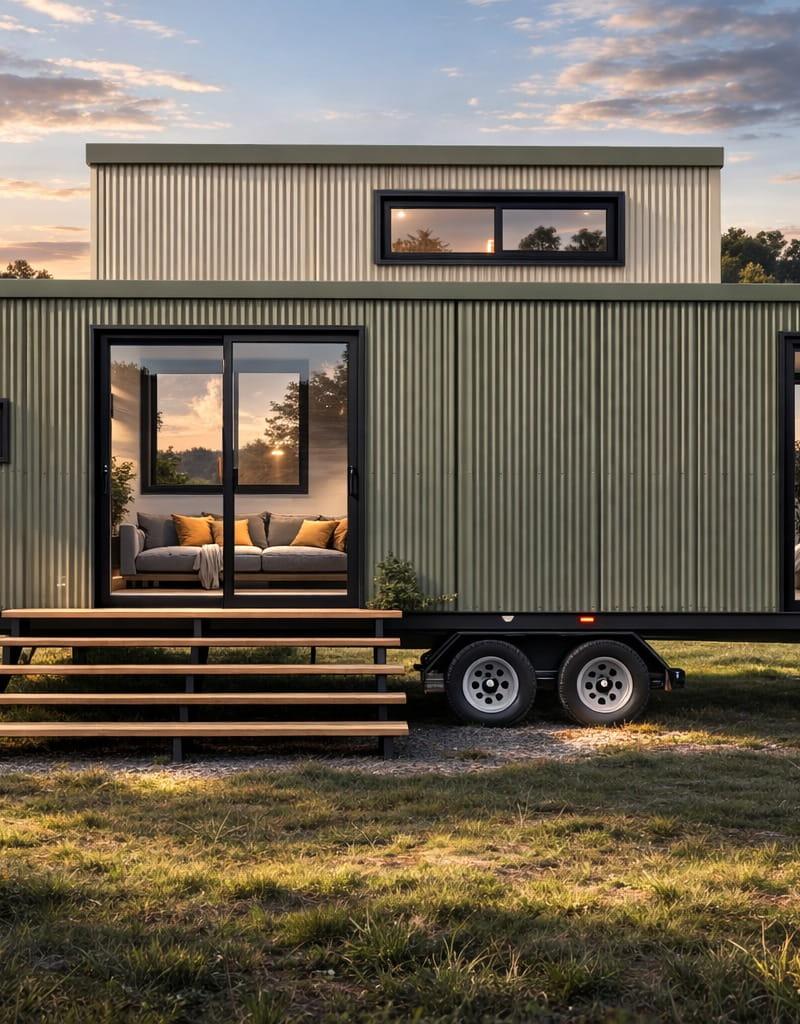 Custom tiny home exterior at golden hour showing modern cladding and elevated design
