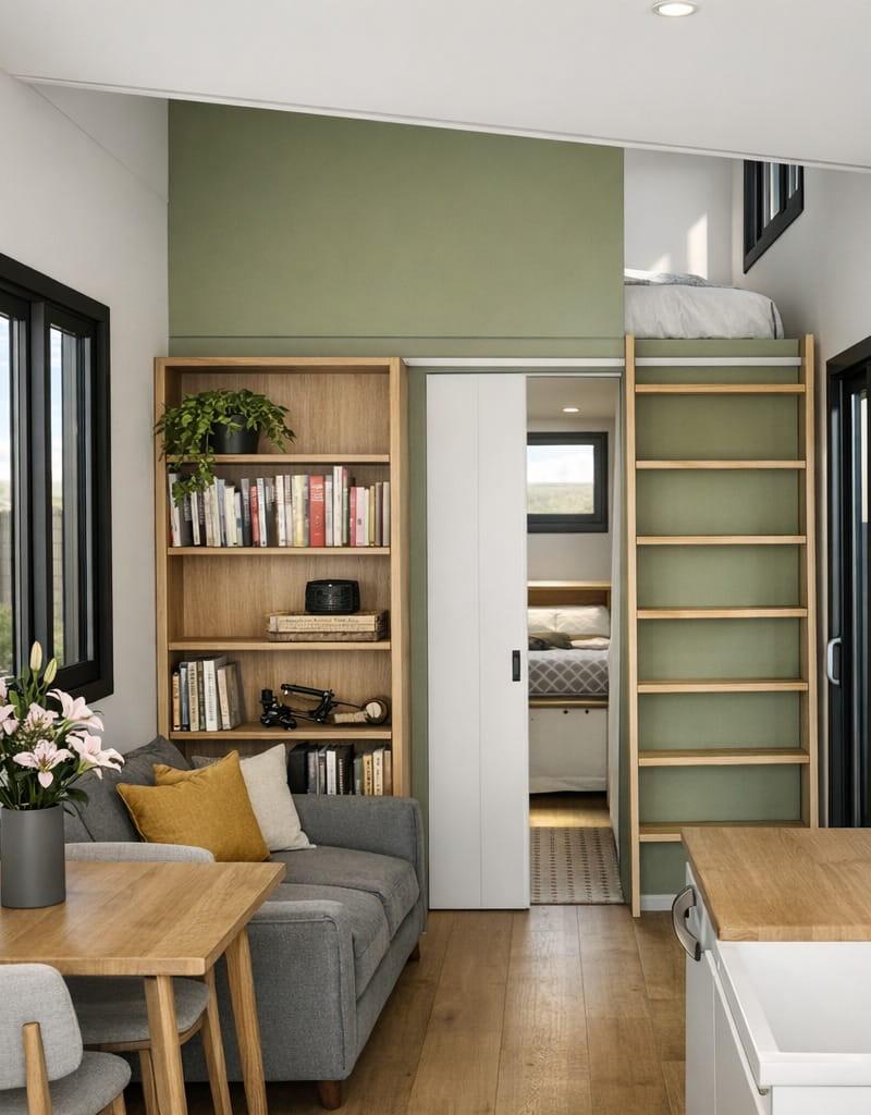 Modern tiny home interior living space with thoughtful design